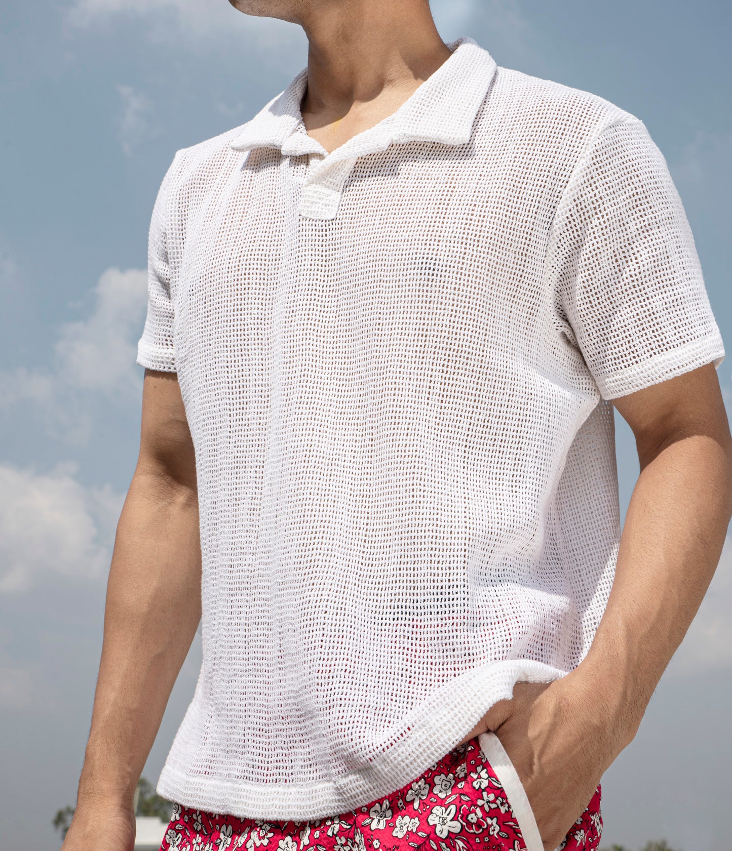 WHITE COTTON MESH POLO