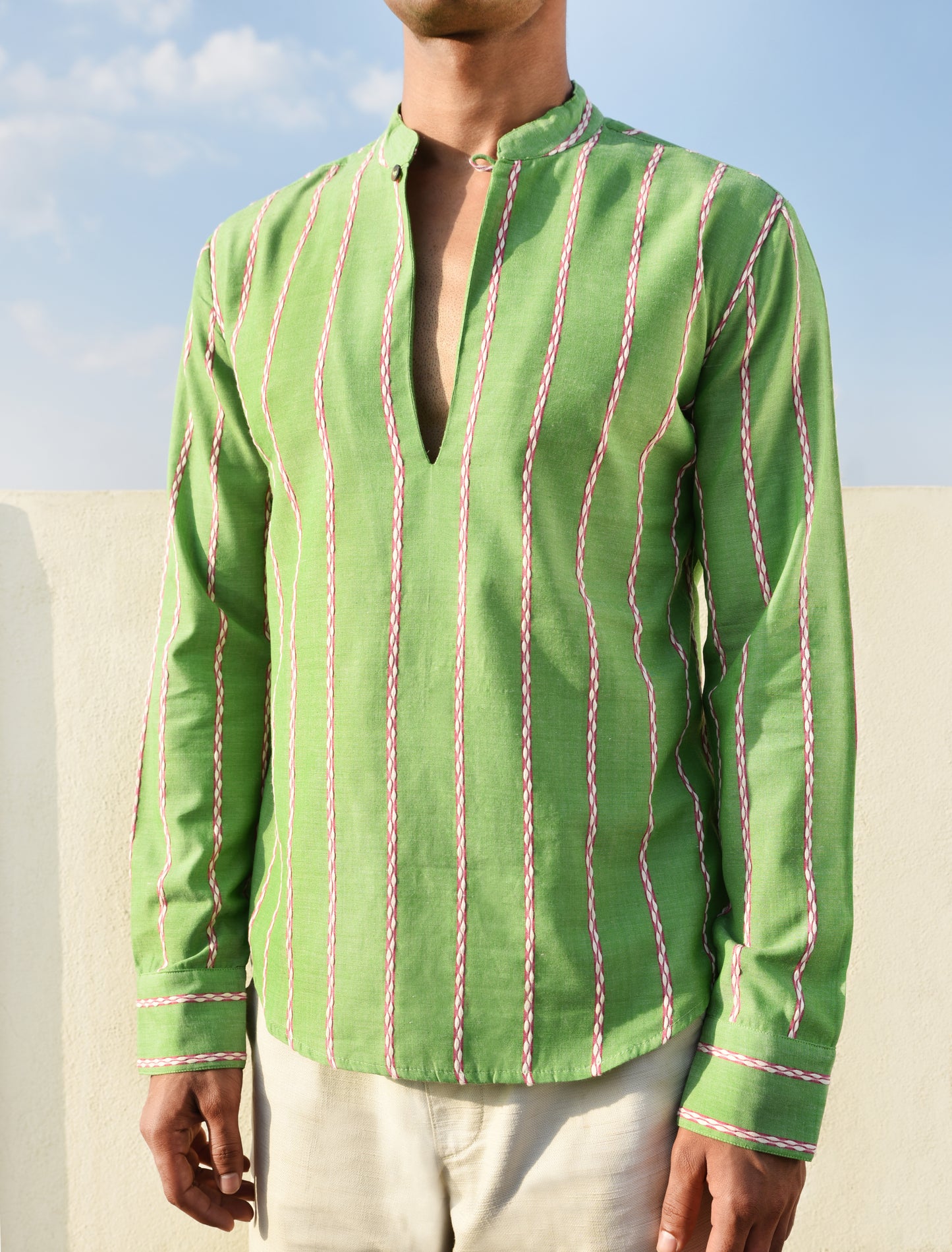MOSS GREEN STRIPE KURTA SHIRT